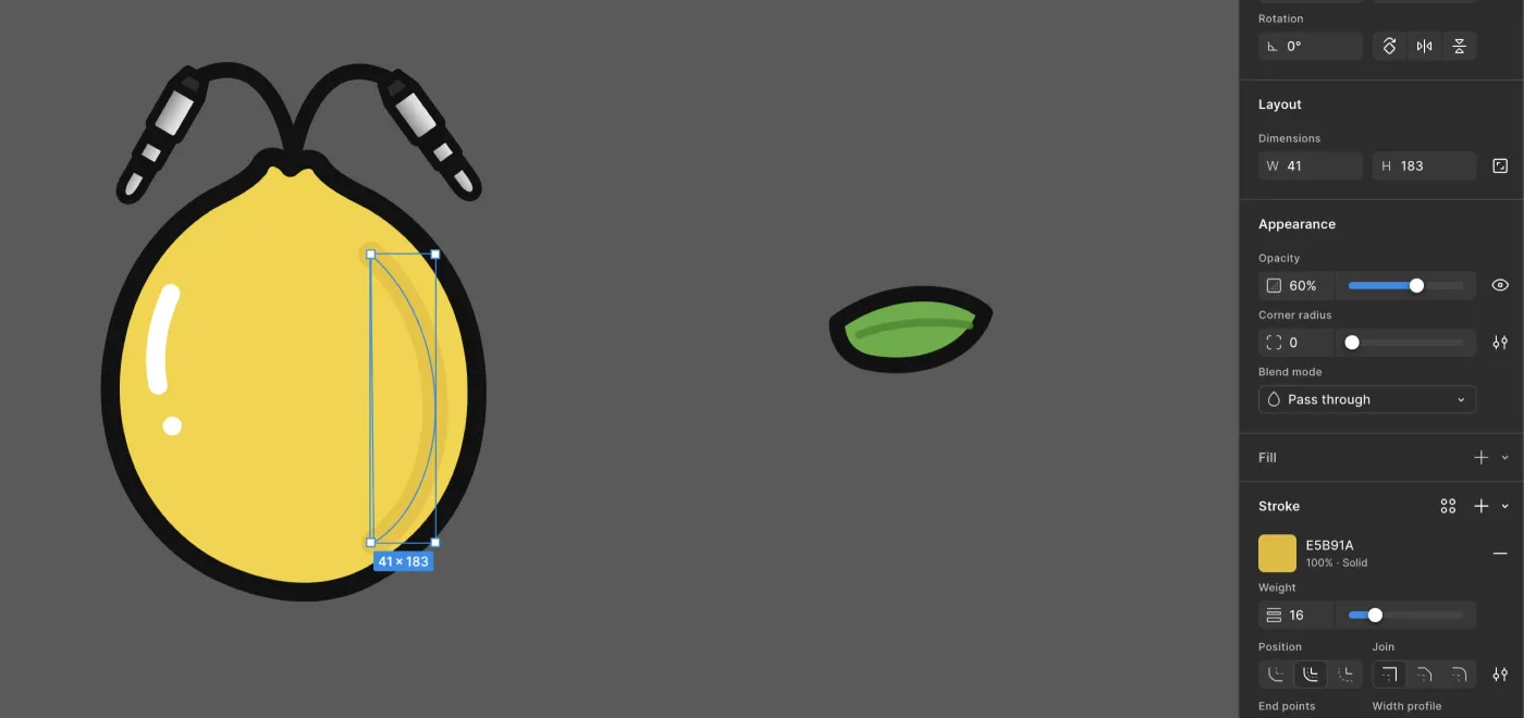 The Stereo Lemon lemon being drawn in Figma, headphone cable and leaf as separate pieces