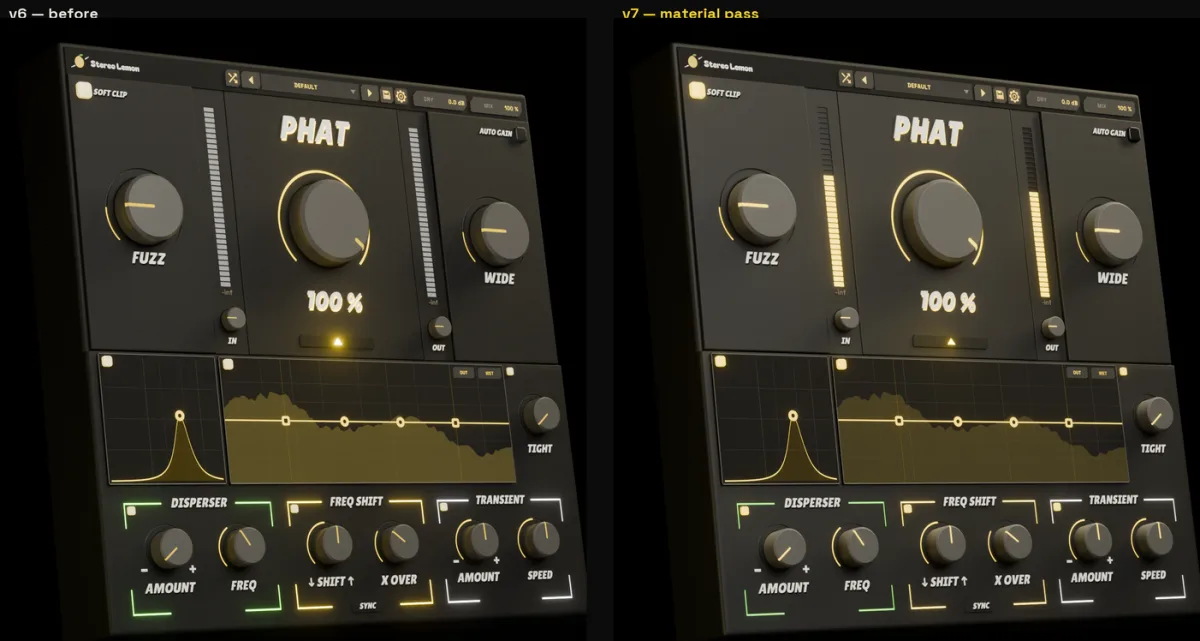 The whole panel before and after a material pass, side by side