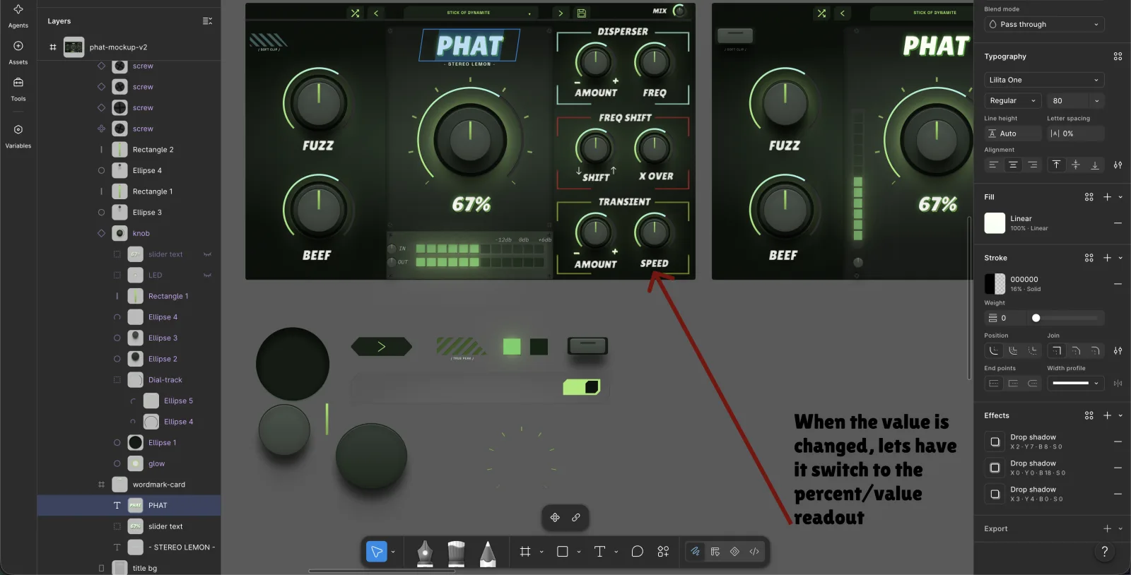 The PHAT interface being designed in Figma, with a note about the percent readout pinned beside it