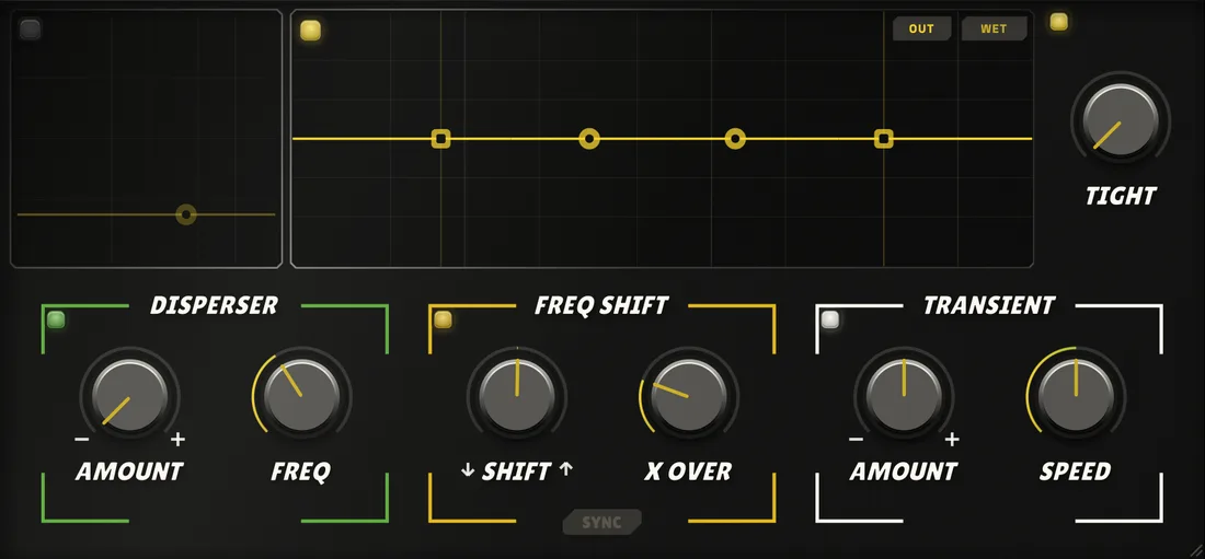 PHAT's advanced panel: an eight-band EQ curve with a FUZZ tone pad beside it, a TIGHT knob, and DISPERSER, FREQ SHIFT and TRANSIENT sections below.