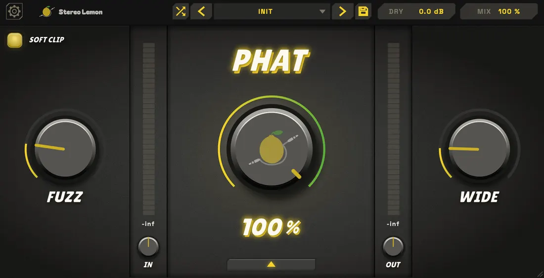 The PHAT plugin in its LEMON colour scheme: the central PHAT macro at 100 %, its ring running lemon yellow into leaf green, charge streaks radiating outward across a near-black face, FUZZ and WIDE either side.